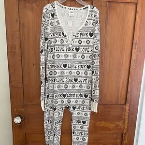 NWT Victoria’s Secret PINK LOVE Black White Long John Trap Door L